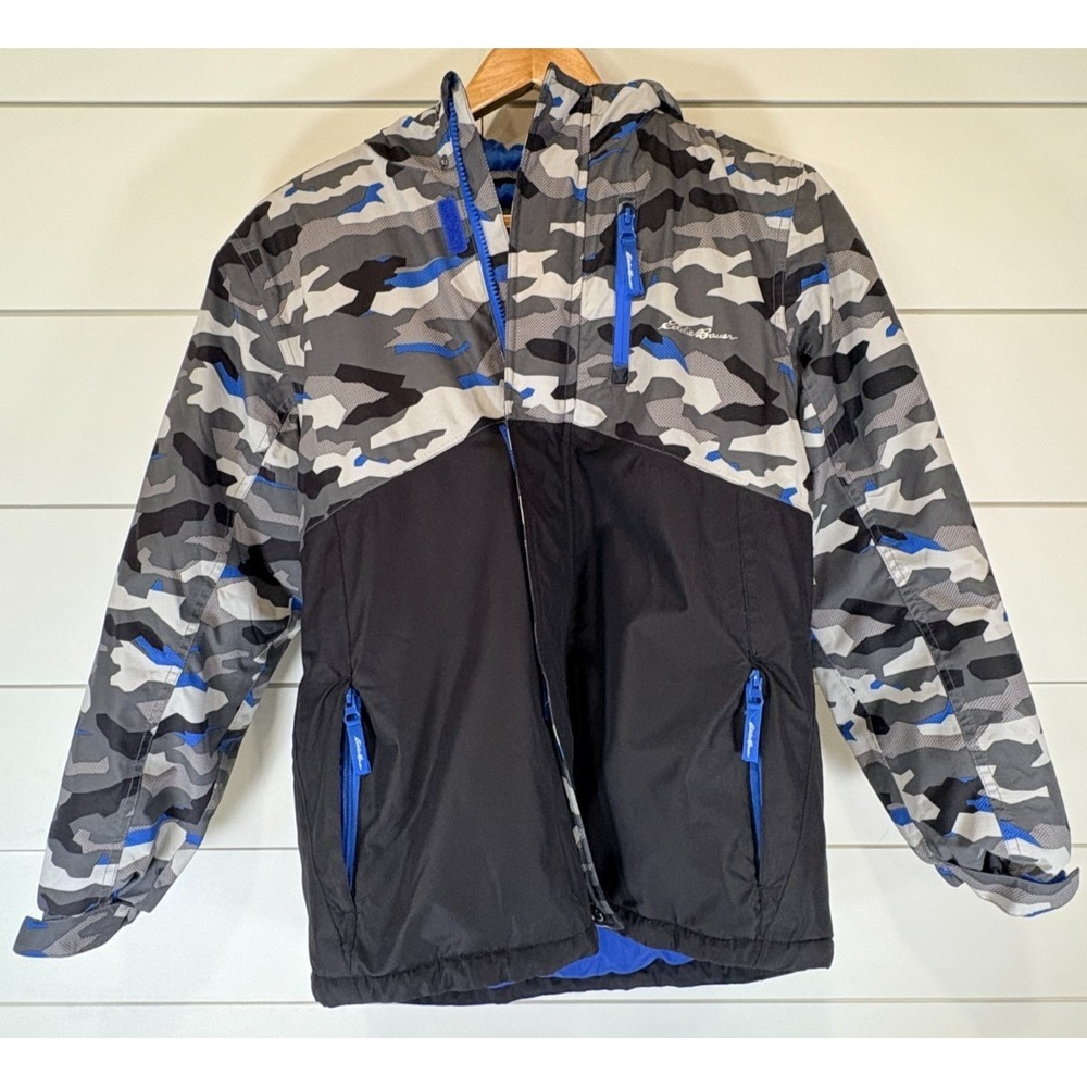 Eddie Bauer Kids Camo Hooded Winter Jacket Blue Grey Black White Size L Large 14
